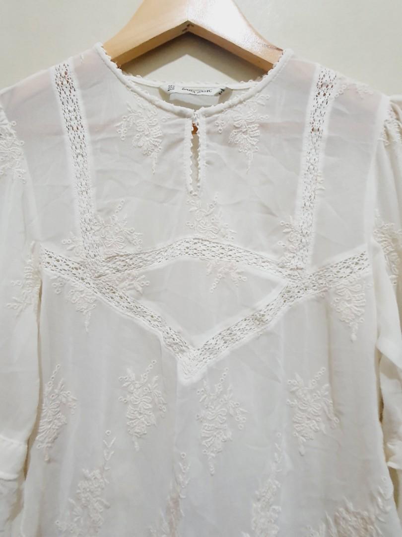 ZARA Semi Sheer Embroidered Blouse, Women's Fashion, Tops, Blouses on
