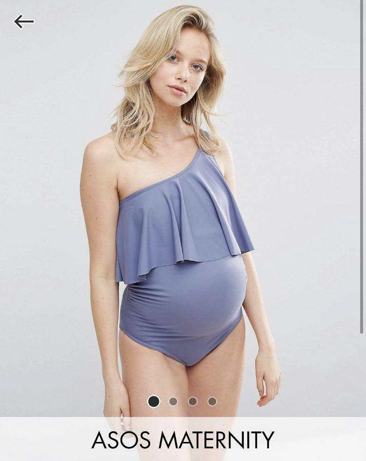 Mamalicious Maternity swimsuit with ruffle shoulder in blue