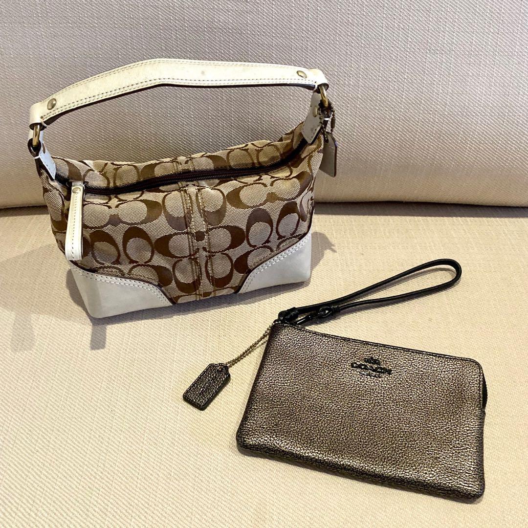 Coach off white ivory leather brown monogram canvas small bag black bronze leather wristlet
