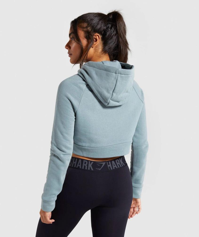 GYMSHARK, CROPPED CREST HOODIE, TURQUOISE