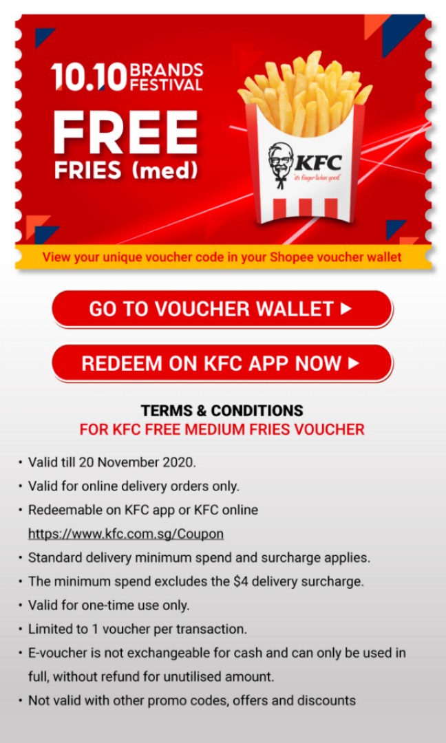 [KFC delivery] Free medium fries, Tickets & Vouchers, Vouchers on Carousell