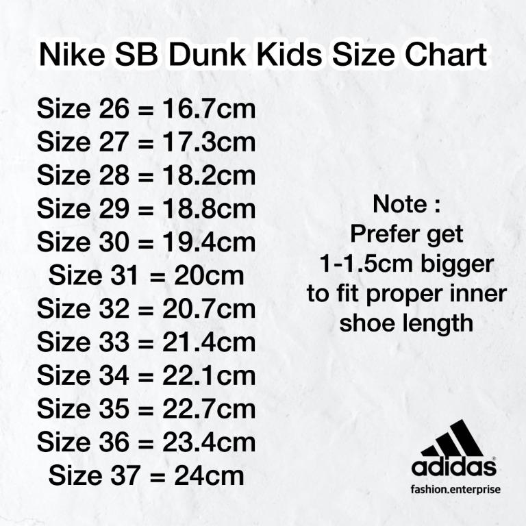 Nike sb dunk size chart online