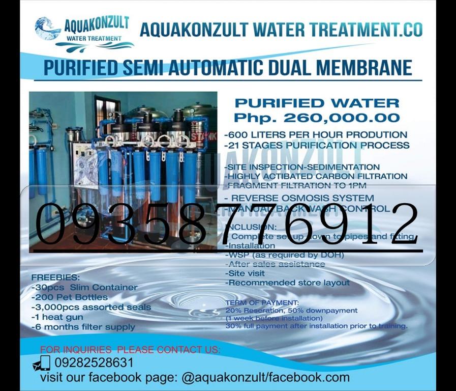 Purified Semi Automatic Dual Membrane Water Refilling Station (Category: Water Purifiers & Dispensers) located in Quezon City. Submitted by reo_ma (Listing ID 1044195413, Image 1). Description: For Sale!!! For Sale!!! For Sale!!! Purified Semi Automatic Dual Membrane Avail a long term business for only Php260,000.00 Free: ☑️30pcs Slim Container ☑️200Pcs Pet Bottles ☑️3000 Assorted Container Seals ☑️1pc Heat gun ☑️6 months Filter supply Terms: 20%