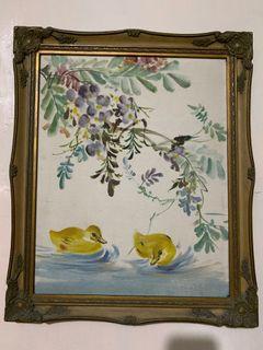 Vintage yellow ducks oil canvas framed painting