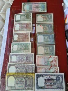 A group of india , burma ,ceylon and nepal banknotes.india about 12 pcs ,ceylon 2 consec  1969  and 1 nepal  total 15 pcs .mainly unc except  some EF to AU. Nice