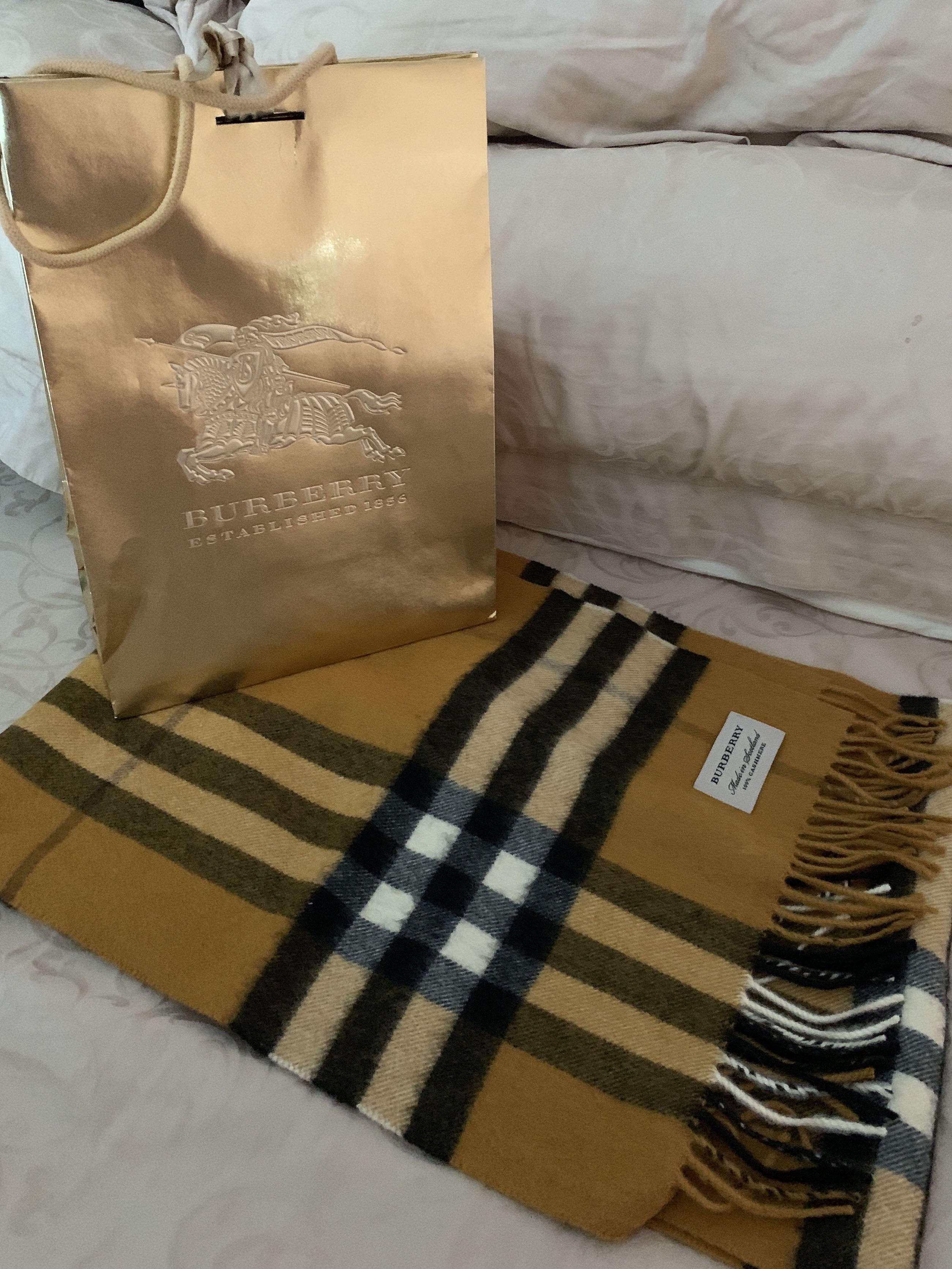 Burberry Iconic Print Shawl in Mustard 100 Cashmere used once only