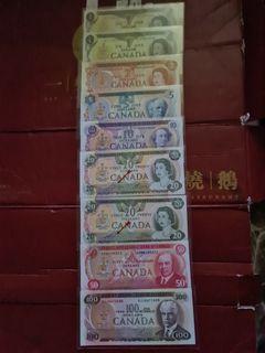 Canada 1980s set $1x2 all unc,$2 in unc, $5 in unc ,$10 in unc  $20 in AU and Unc ,$50 in Au and $100 in original AU.total 9  pcs in a set scarce