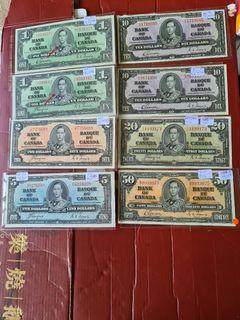 Canada king GVI complete set of 1934 to 1938 $1,2,5,10,20 &50 . Total 8pcs in mainky original  goid EF to UNC $50 is original gvf. Rare