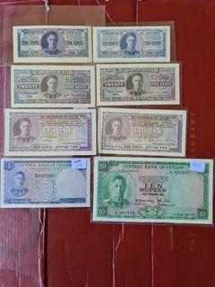Ceylon 1947 to 1951  king george , decimal notes of 10 cents x2 AU &unc , 25 cents x2 ,AU & EF , 50 cents x2  gvf &Unc  ,1 R in AU unc and 10R in AU/UNC total 8 banknotes nice and scarce