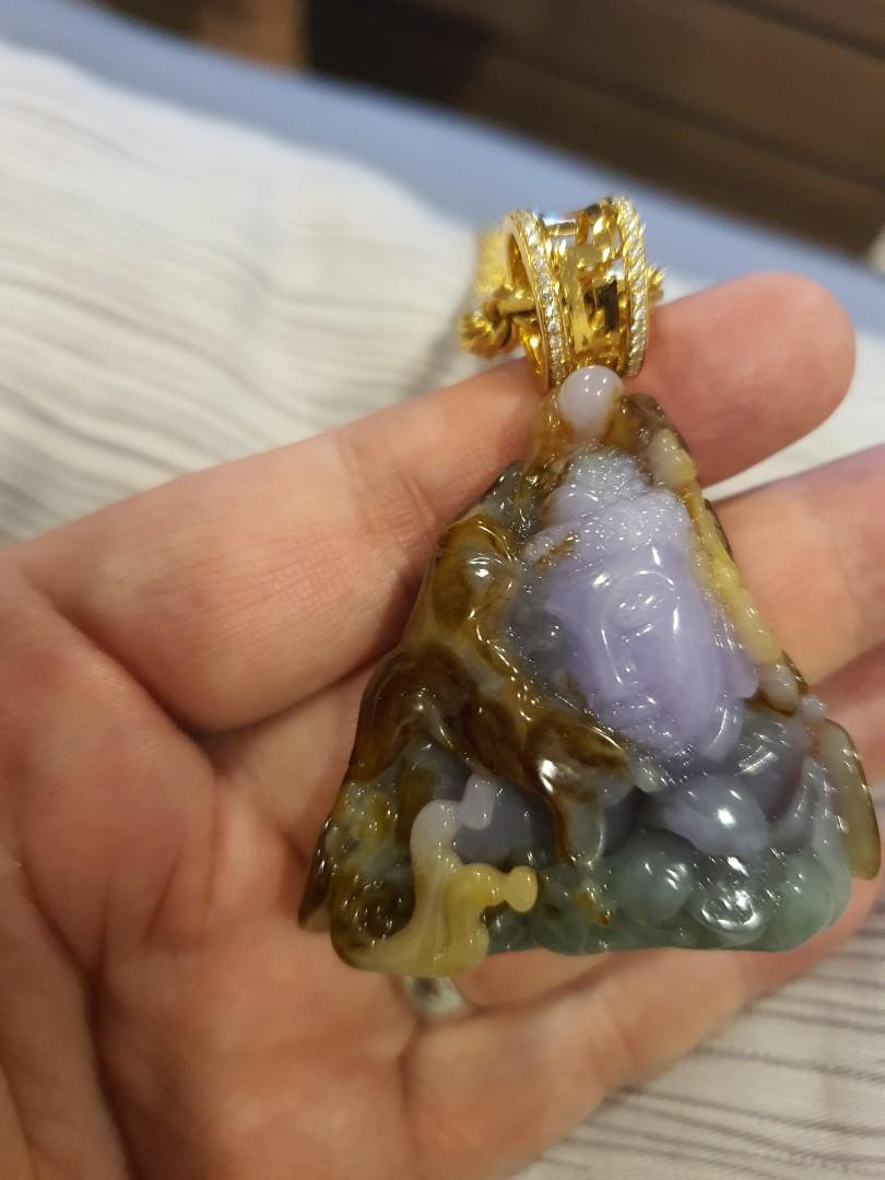 Rare 5 coloured jade Buddha pendant with 18k gold hook diamond