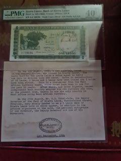 Unlisted unissued sierra leone 1 leone PMG graded EF 40 signed by the then bank governor .nice and very ext rare. Attached with the letter from the bank .extremely rare