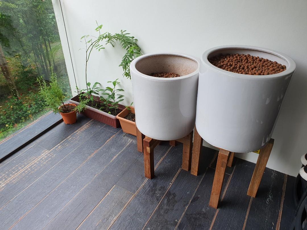 Ceramic Plant Pots And Wooden Stands Gardening Pots Planters On Carousell