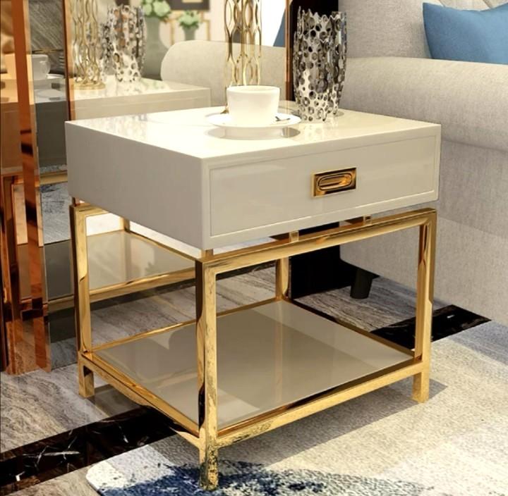 Darlene Hotel Style Chrome Titanium Gold Legs White Solid Wood Piano Top Bedside Table With Shelf Drawer Smooth Closing Furniture Tables Chairs On Carousell