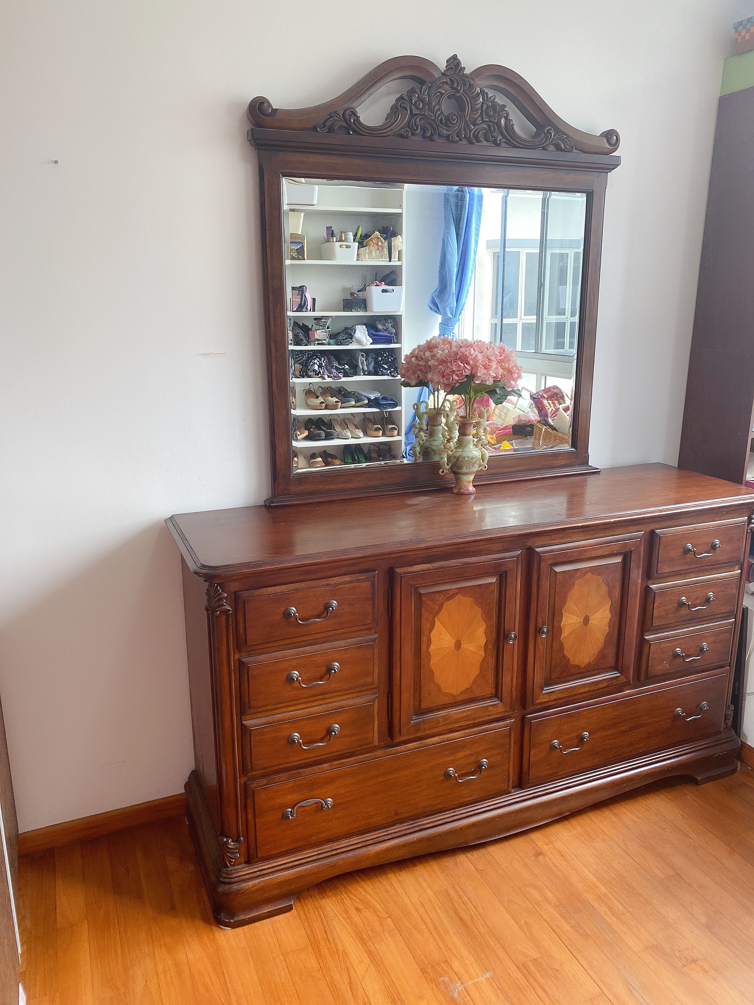 Expat Moving European Style Wooden Dresser Chest Of Drawers Cabinet With Mirror Furniture 169x95x45 Cm For Cabinet Without The Mirror Mirror Is 119x109x3 5 Cm Detachable Brown Color With Elegant Color