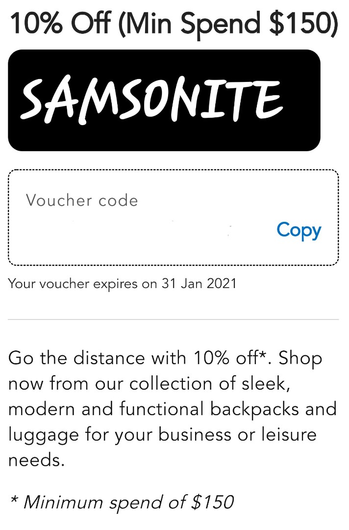 SAMSONITE voucher (ExP: 31st Jan), Everything Else on Carousell