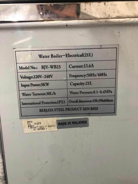 Stainless Steel Berjaya Water Boiler Electrical 21 Liters, Kitchen