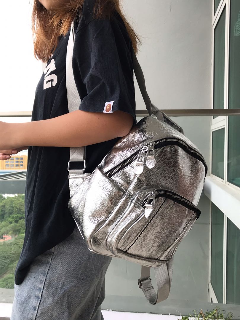 silver backpack leather