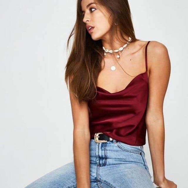 Wine red satin cowl neck tank top 