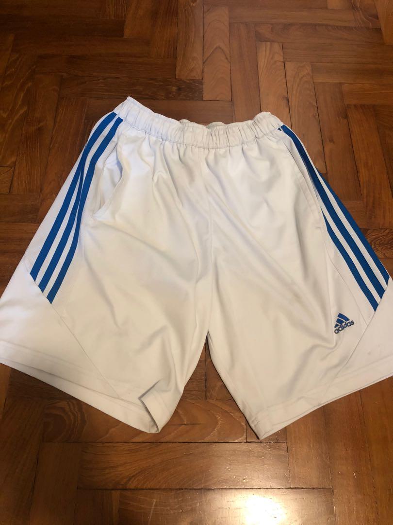 White adidas shorts with blue stripes discount