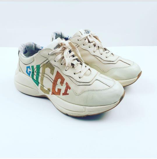 gucci ivory rhyton rainbow glitter sneakers