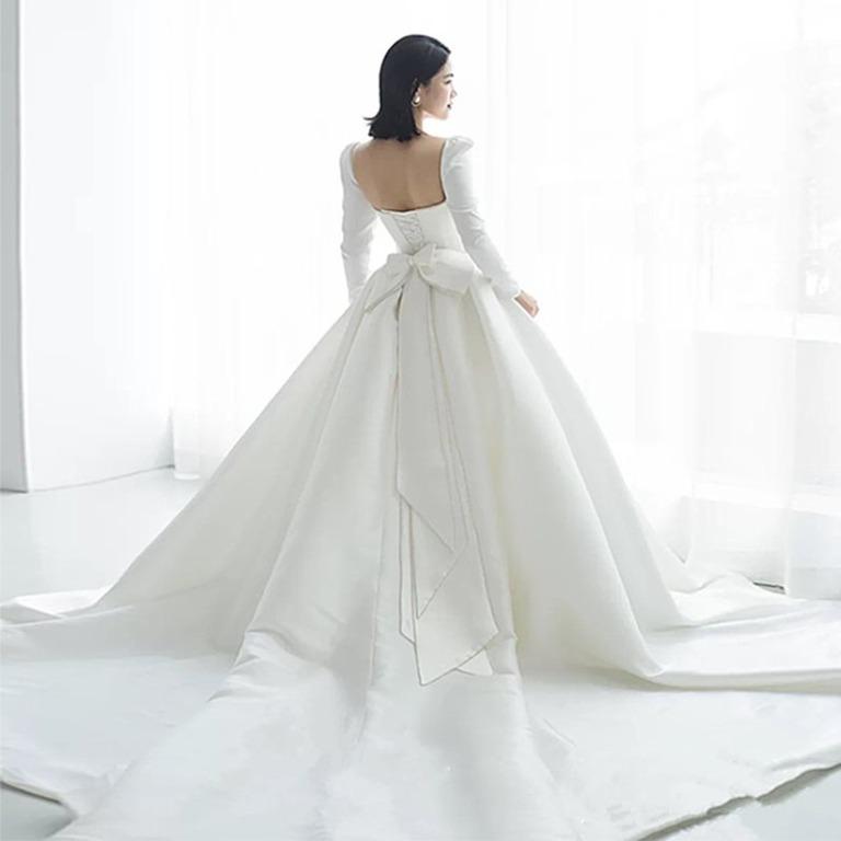 White satin long shop sleeve wedding dress