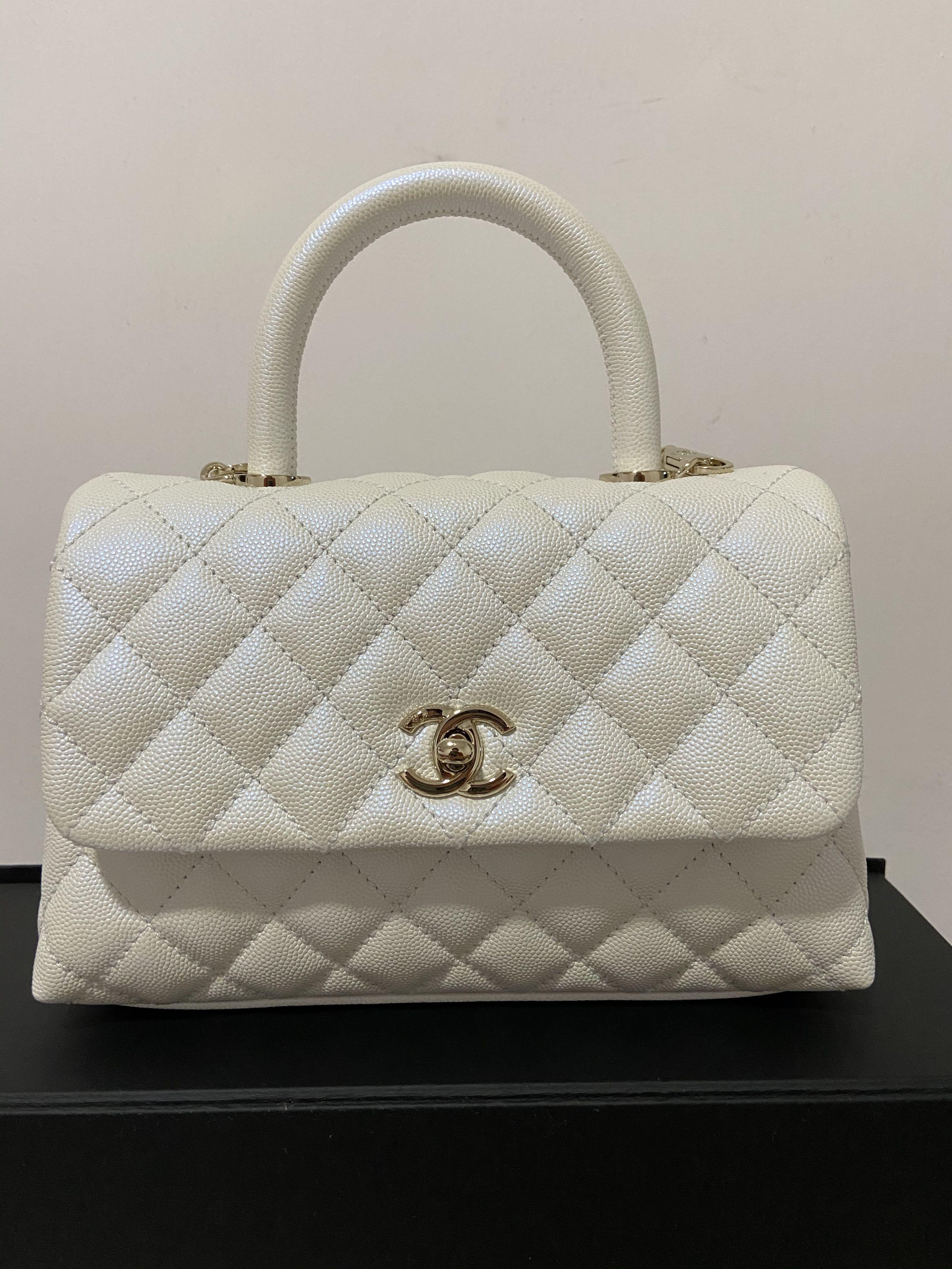 Chanel Coco Handle 20K Iridescent White Quilted Caviar with shiny