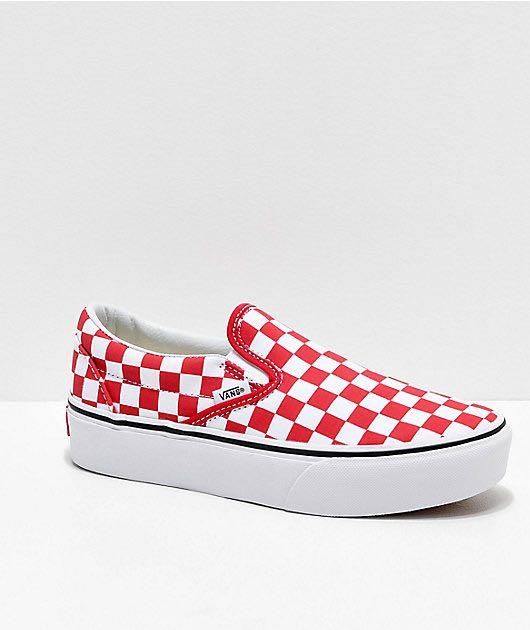 outfits with red checkered slip on vans