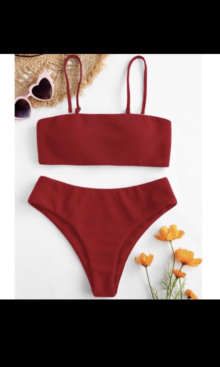 red bandeau bikini with straps