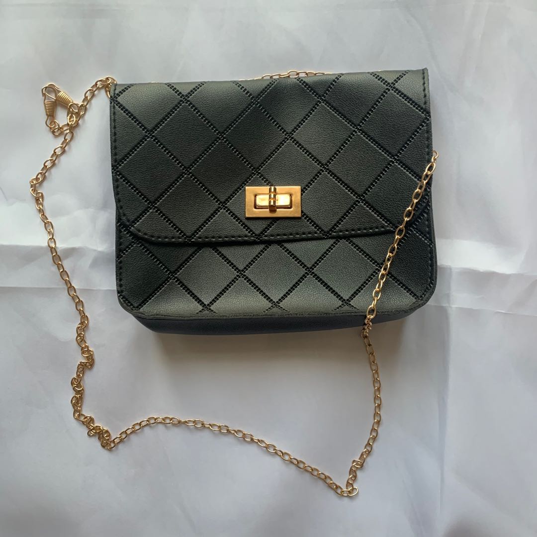 Black sling bag with gold chain Women s Fashion Bags Wallets