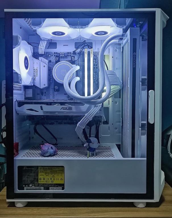 System unit for sale (WHITE BUILD) (Category: Desktops) located in Manila. Submitted by raspororo (Listing ID 1045255996, Image 1). Description: System unit for sale (WHITE BUILD) Specs: Processor: Ryzen 5 2600 Motherboard: B450M Mortar Titanium RAM: 16gb (2x8gb) Tforce Delta White 3200mhz GPU: ASUS 1060 3gb PSU: Seasonic 620W 80+ Bronze Fully Modular AIO: Idcooling Auraflow Snow x360 Fans: Idcooling DF12025 ARGB Trio Snow Case: Segotep Gank 5 Wh