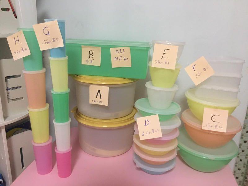 Tupperware containers (Category: Food Organisation & Storage) located in Singapore. Submitted by dioryeo (Listing ID 1045229192, Image 1). Description: All new, clearing to make space .