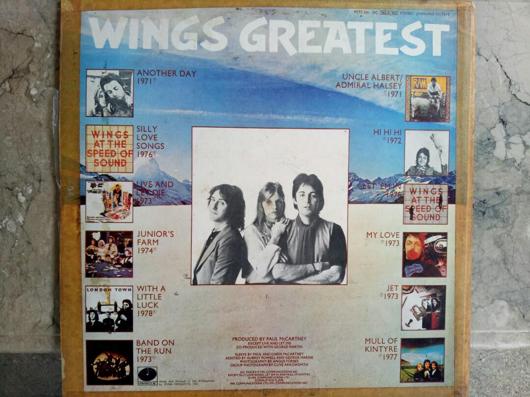 Wings Greatest Hits LP Vinyl Plaka (Category: Vinyls) located in Manila. Submitted by kinganalog (Listing ID 1045141896, Image 2). Description: Wings Paul McCartney LP Vinyl Greatest Hits album. Cover G tapes on sides, front pen mark, media VG to VG+. Made in Philippines. Shipping nationwide, payment via Palawan or Unionbank, COD is okay at buyer's account and expense, check out fb page Roots Analog..