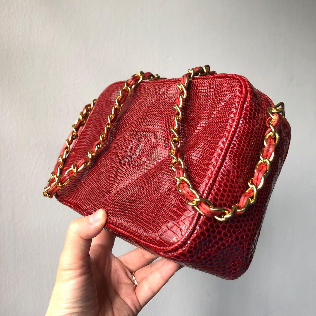 Chanel Vintage Red Lizard Mini Square Flap Bag with Gold Hardware., Lot  #58106
