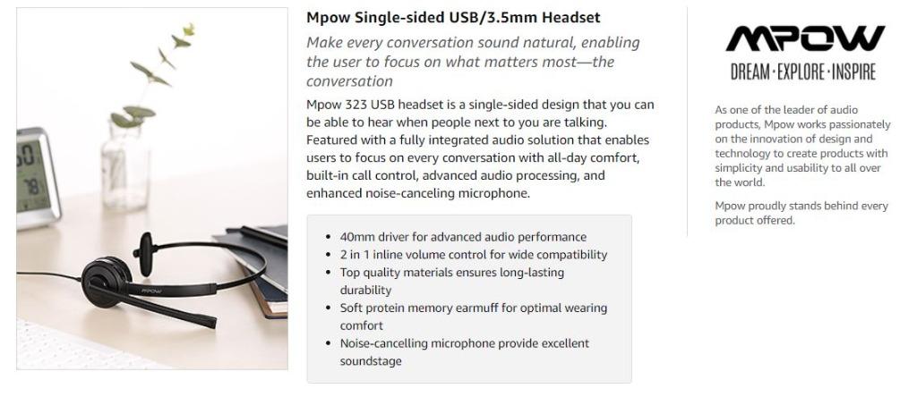 BNIB MPOW BH323A Single Sided USB Headset with Microphone Over Head Computer Headphone for PC 270 Degree Boom Mic for Right Left Ear