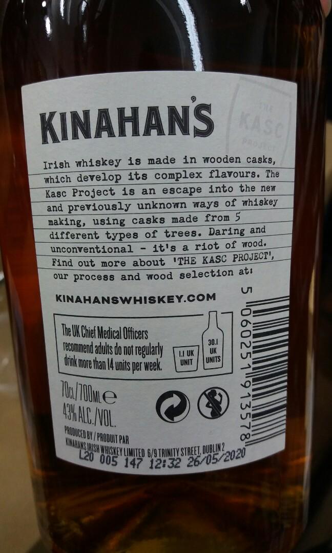 Kinahan\'s The KASC PROJECT Irish whiskey 嘢食& 700ml Carousell 酒精飲料- 43% 嘢飲, , abv