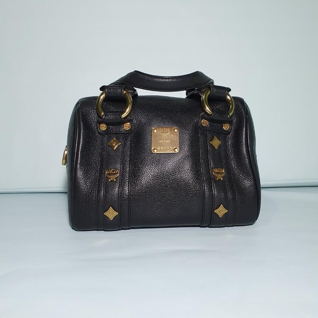 MCM Mini Boston Handbag Sling Bag Black, Women's Fashion, Bags
