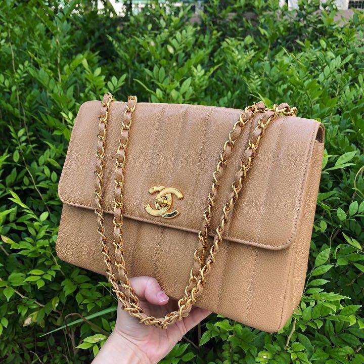 SOLD BEFORE LISTING ON CAROU: Authentic Chanel Beige Vertical Quilted flap  Bag in Caviar Leather