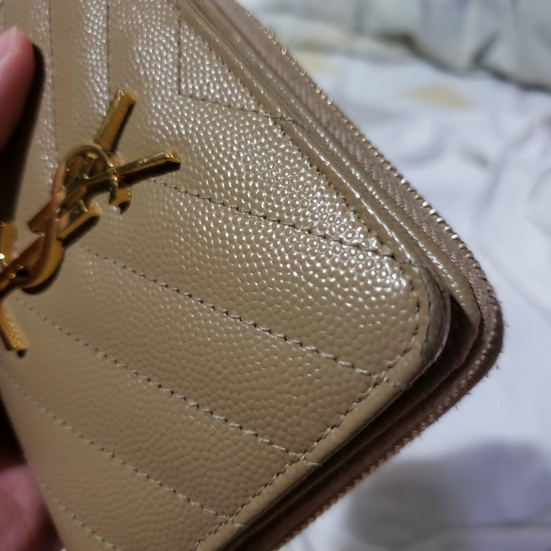 AUTHENTIC YSL MONOGRAM COMPACT ZIP AROUND WALLET IN GRAIN DE POUDRE