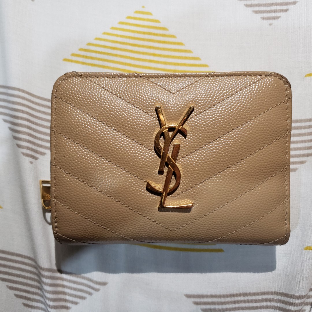 AUTHENTIC YSL MONOGRAM COMPACT ZIP AROUND WALLET IN GRAIN DE POUDRE
