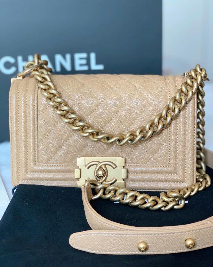 Authentic Chanel Leboy Small Caviar in Beige GHW
