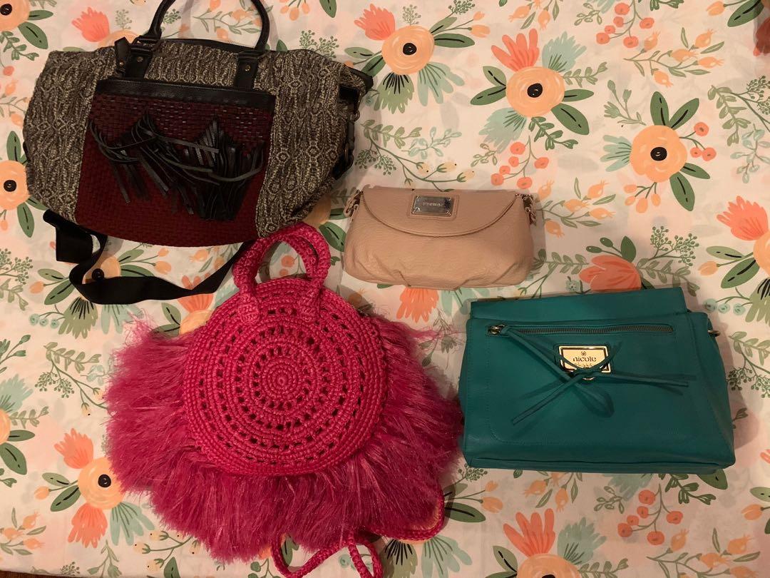 B1T1 cross body bags (Category: Cross-body Bags) located in Manila. Submitted by trixcatly (Listing ID 1039049964, Image 1). Description: Buy one, take one crossbody bags for Php1,000 Buy 1 bag for Php600 1. NW blush pink cross body Brand new 2 M. Nicole Seldom used In good condition 3. Rags2Riches Very roomy Has pen mark but overall in good condition Retails for 3500 4. Plastic straw bag Made locally Seldom used RFS: too many bags Payment via Gc