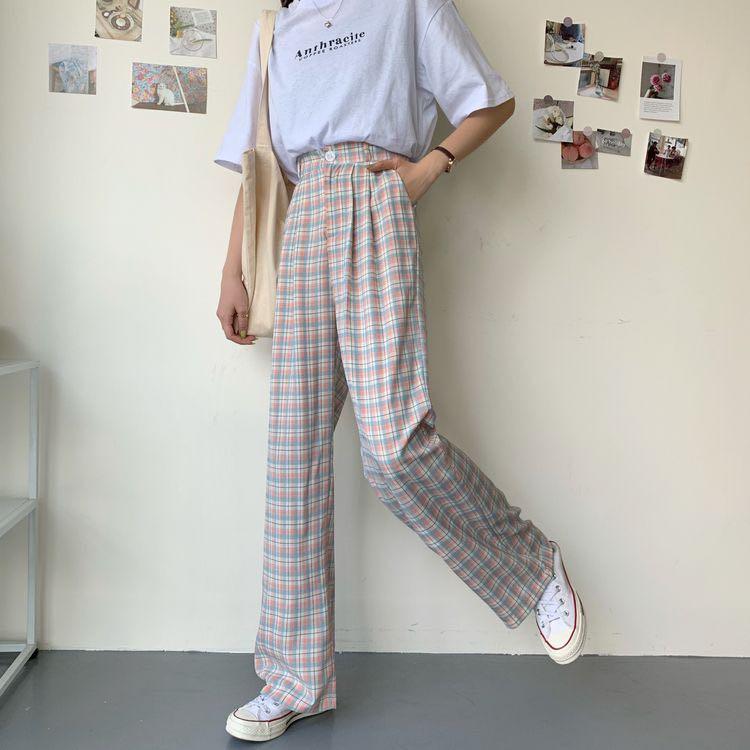 Pastel Plaid Pants Elastic Waist Women s Fashion Bottoms