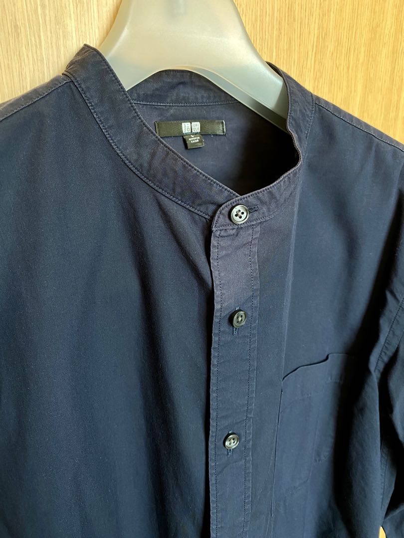 Uniqlo Mandarin Collar Shirt in Navy Blue, Size L, Men's Fashion, Tops ...