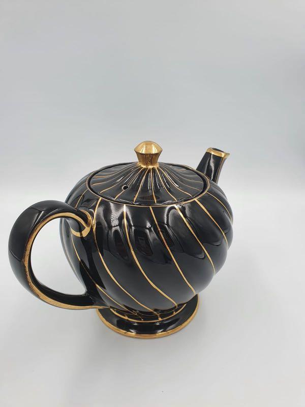VINTAGE SADLER TEAPOT JET BLACK & SPARKLING GOLD GILT SWIRL ART DECO