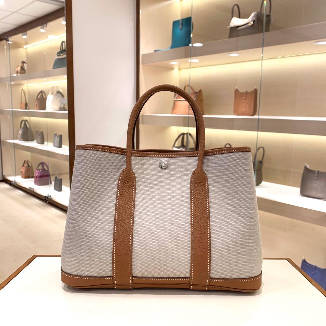 現貨hermes Garden Party 30 金棕 冰川白帆布拼皮stamp Y 名牌 手袋及銀包 Carousell