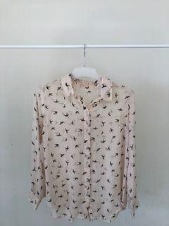 Blouse / atasan Lengan Panjang Motif Burung semi Transparan