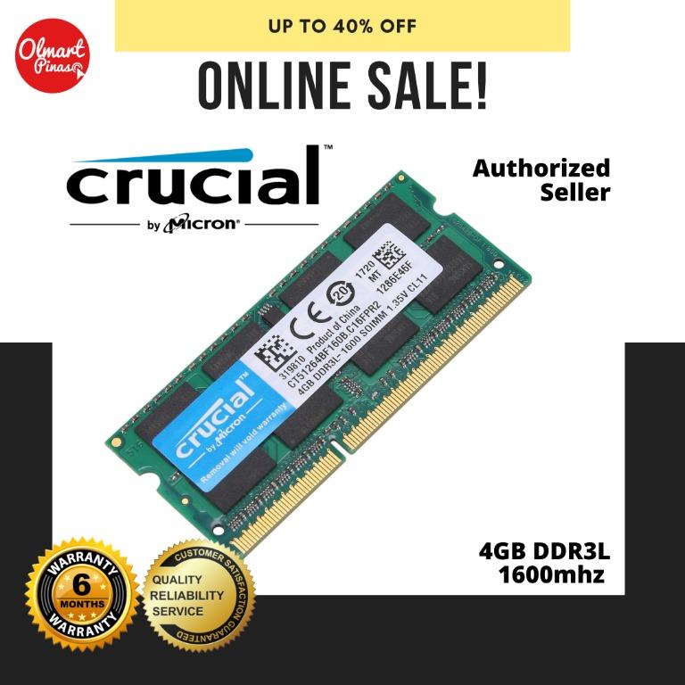 Crucial 4gb Ddr3l-1600 SODIMM Laptop Memory RAM Ct51264bf160b.c16fpr2 for  sale online