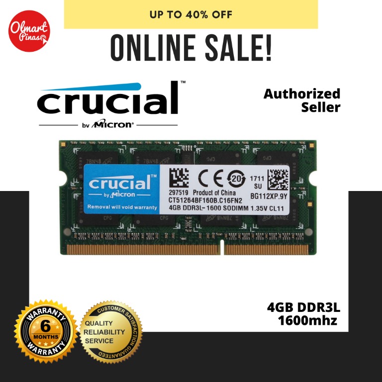 Crucial 4GB DDR3L 1600Mhz (PC3L-12800) 1.35V SODIMM Memory Ram  CT51264BF160B