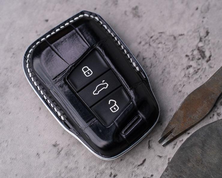 Custom Made Car Key Fob In Black Crocodile Leather, Car Accessories