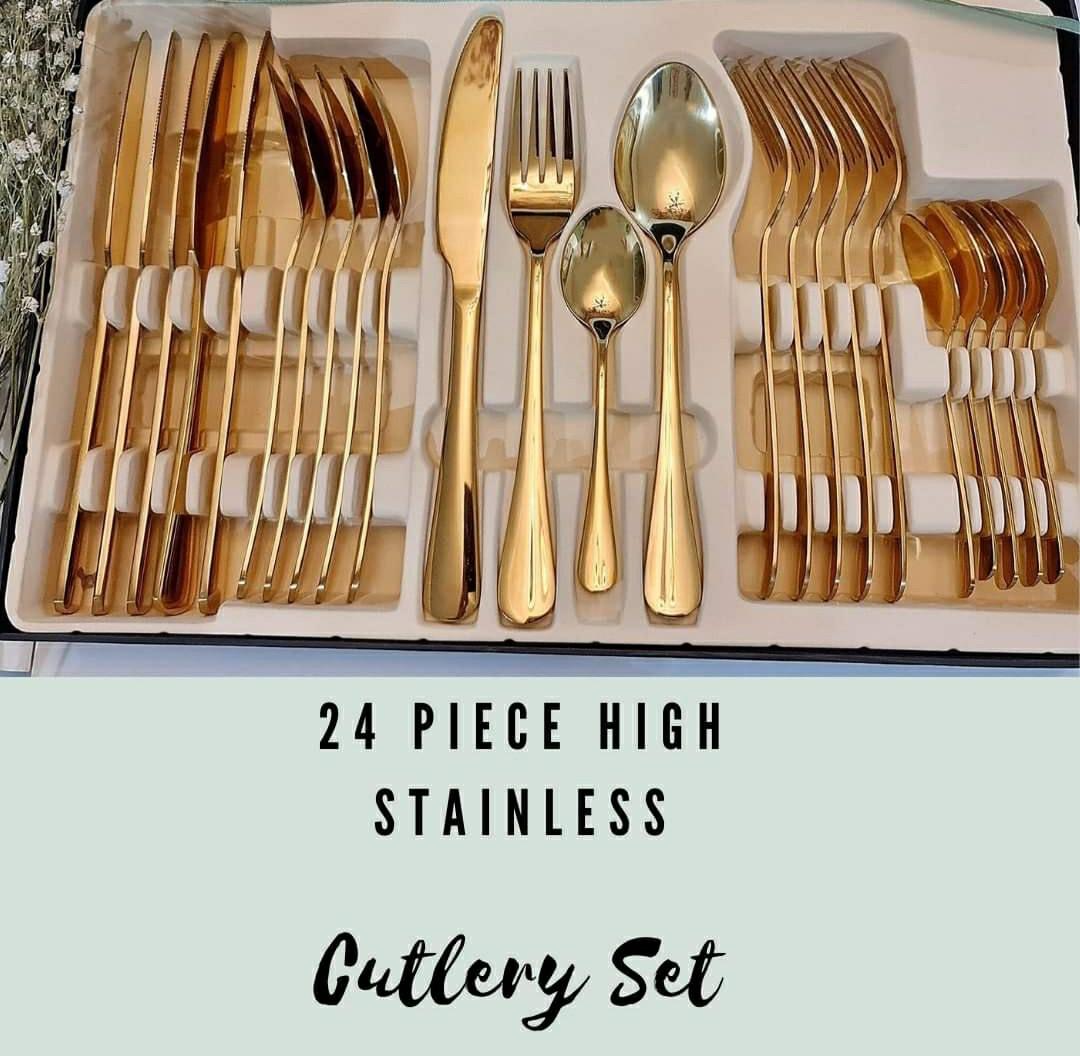 CUTLERY SET (Category: Dinnerware & Cutlery) located in San Juan City. Submitted by ccmalinao (Listing ID 1045714636, Image 1). Description: 24pc CUTLERY SET Php1650 Color: Rosegold, also available in Gold Material: Food Grade 410 Stainless Steel.
